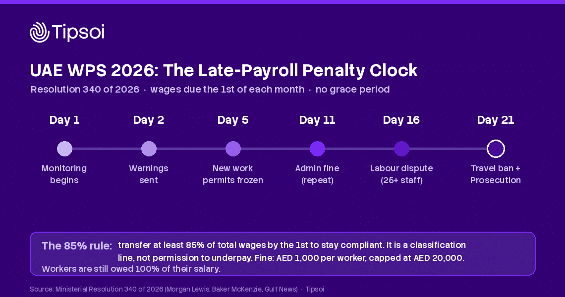 UAE WPS 2026 penalty escalation timeline: Day 1 monitoring begins, Day 2 warnings, Day 5 work permits suspended, Day 11 fines, Day 16 labour dispute, Day 21 travel ban and Public Prosecution, plus the 85% wage rule