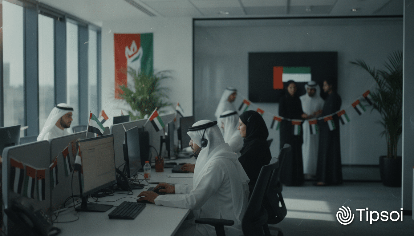 UAE office decorated for National Day 2027 with staff at work | Tipsoi