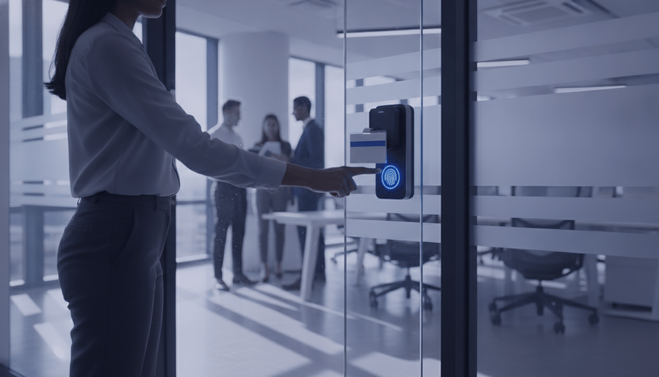 Employee using a biometric access control reader at a Singapore office door