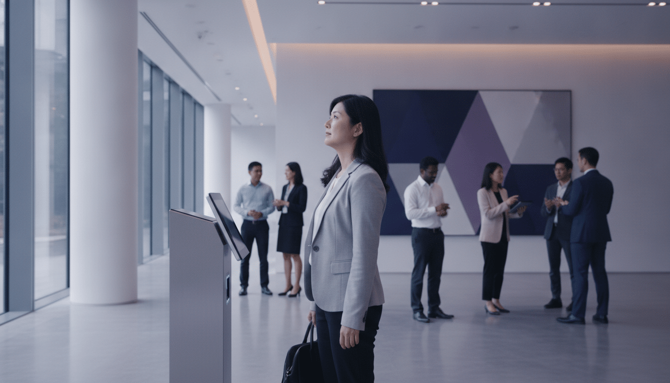 Employee clocking in at a face recognition terminal in a Singapore office