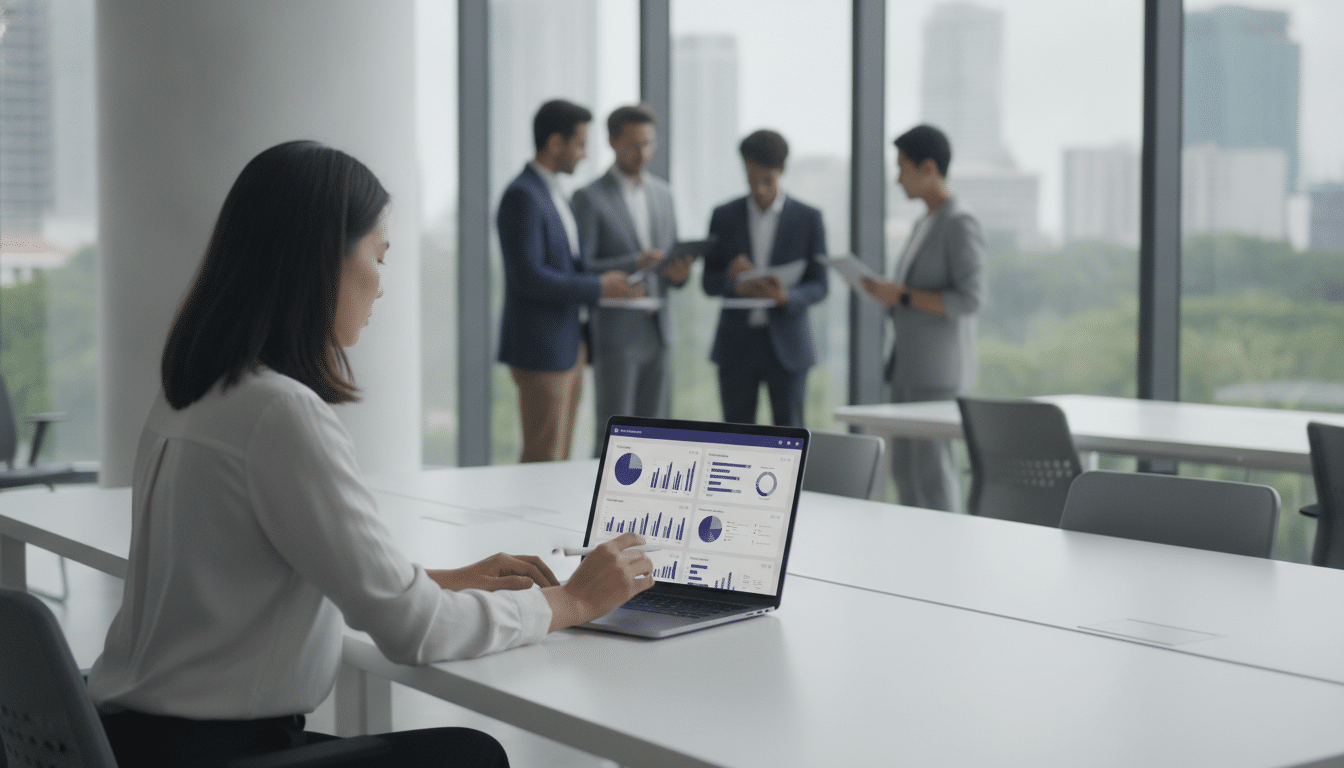 HR manager using a cloud HR dashboard in a Singapore office