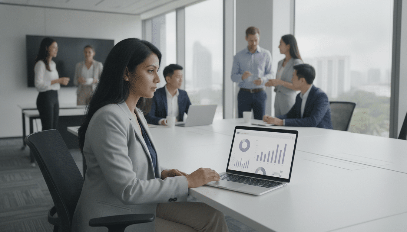 HR manager using a cloud HR dashboard in a Singapore office