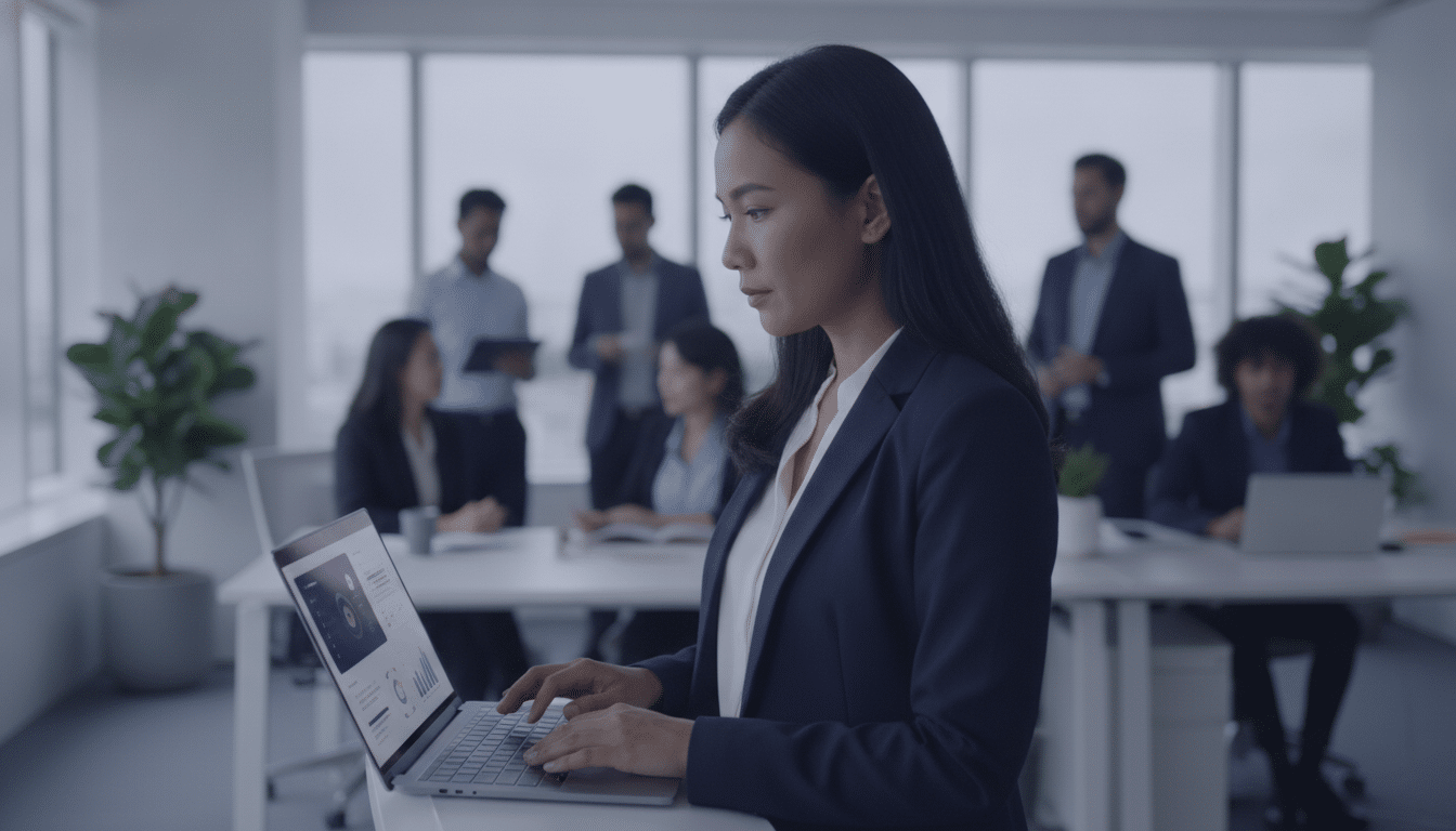 HR executive reviewing an attendance dashboard in a Singapore office
