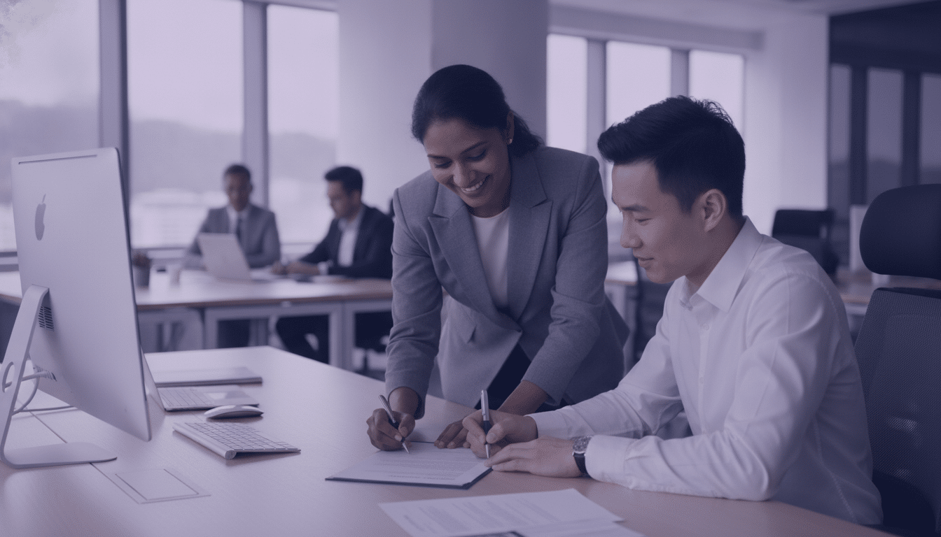 HR manager and new employee signing a contract in a Singapore office