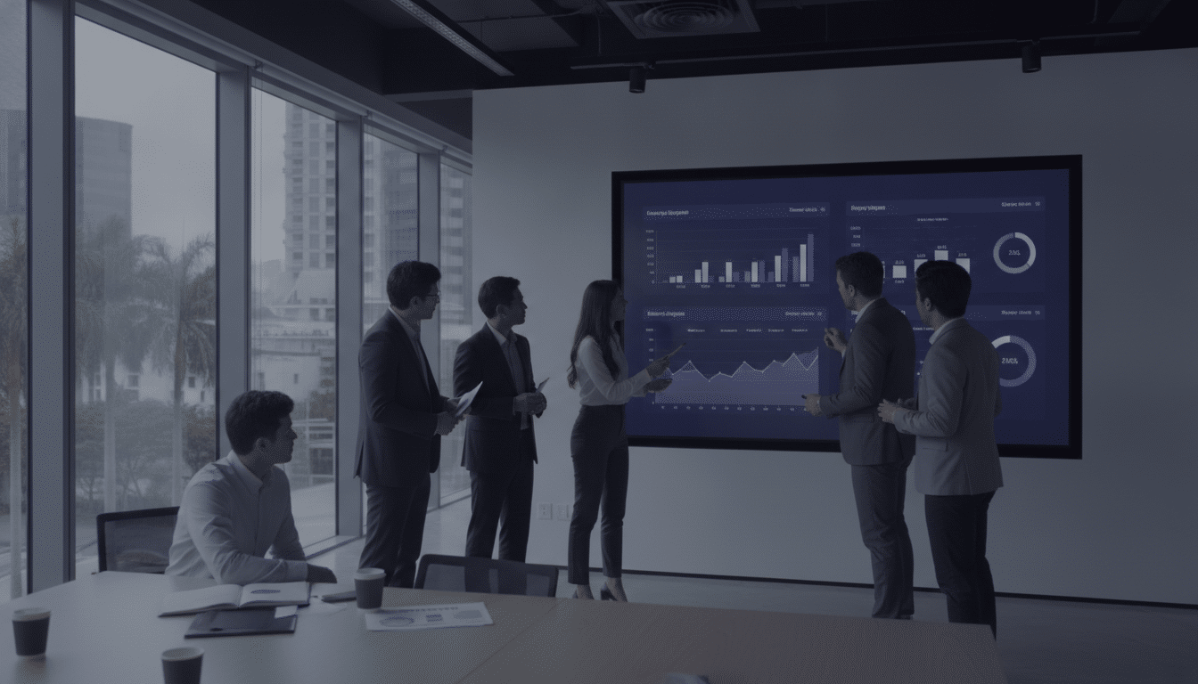 Management team reviewing workforce reports in a Singapore office