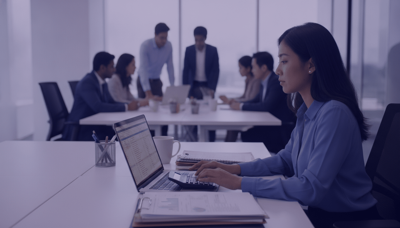 Payroll executive working on monthly salaries in a Singapore office