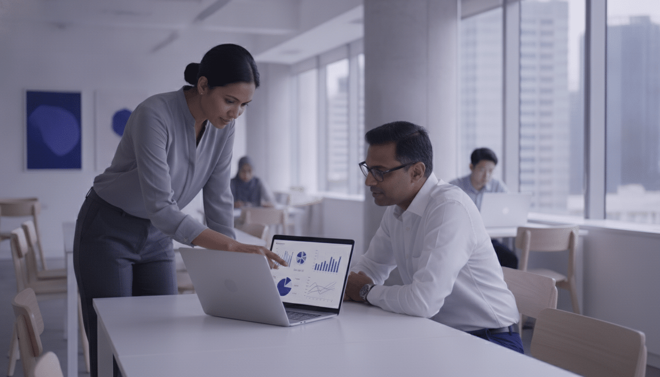 Small business owner reviewing staff records in a Singapore office