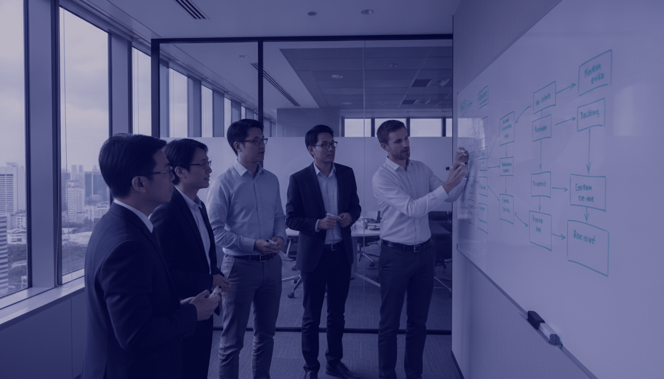 Project team planning an HR system rollout in a Singapore office