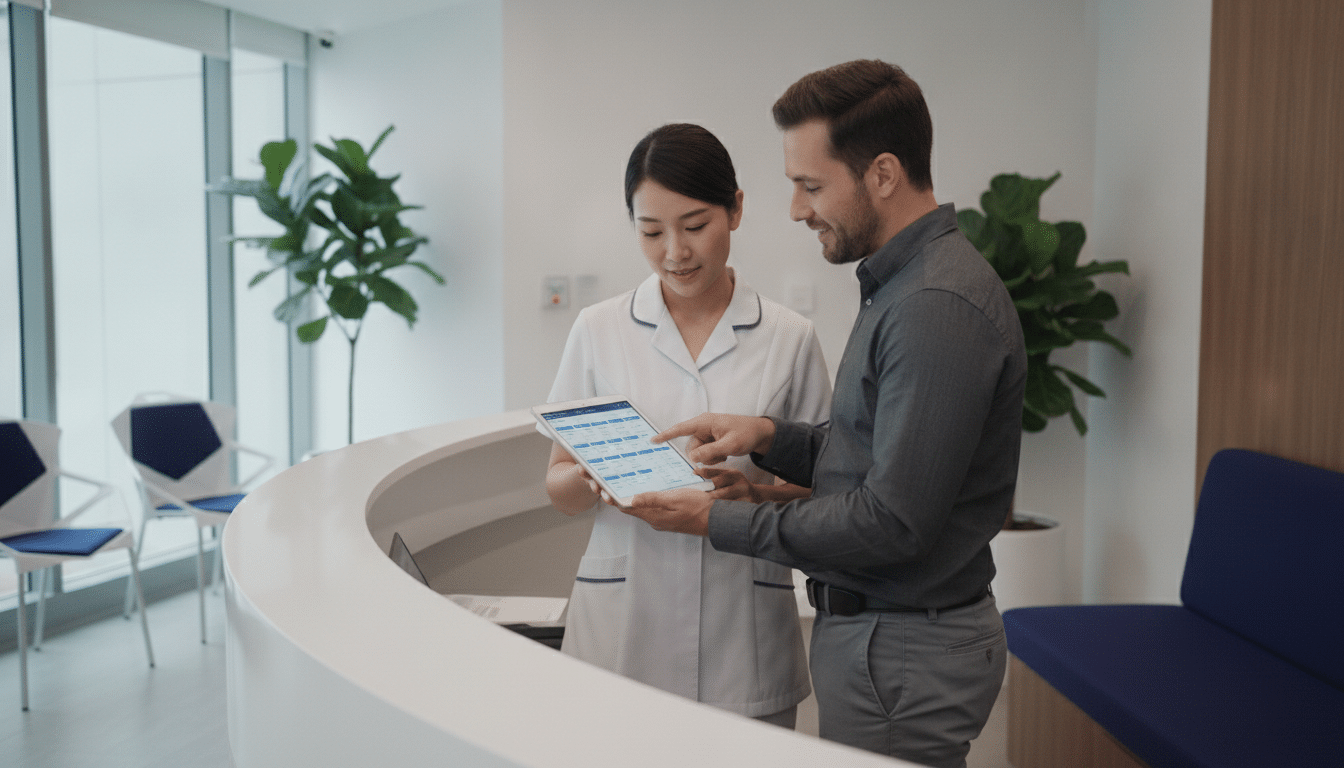 Clinic manager reviewing a nursing roster in a Singapore clinic