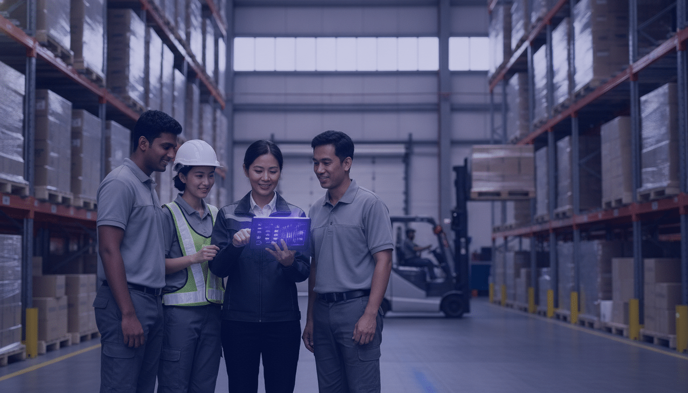 Operations manager checking staff shifts in a Singapore logistics warehouse