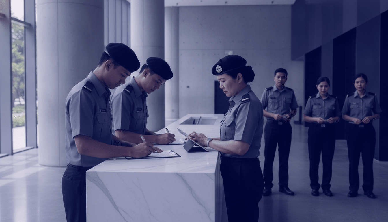 Security officers signing in at a Singapore building lobby