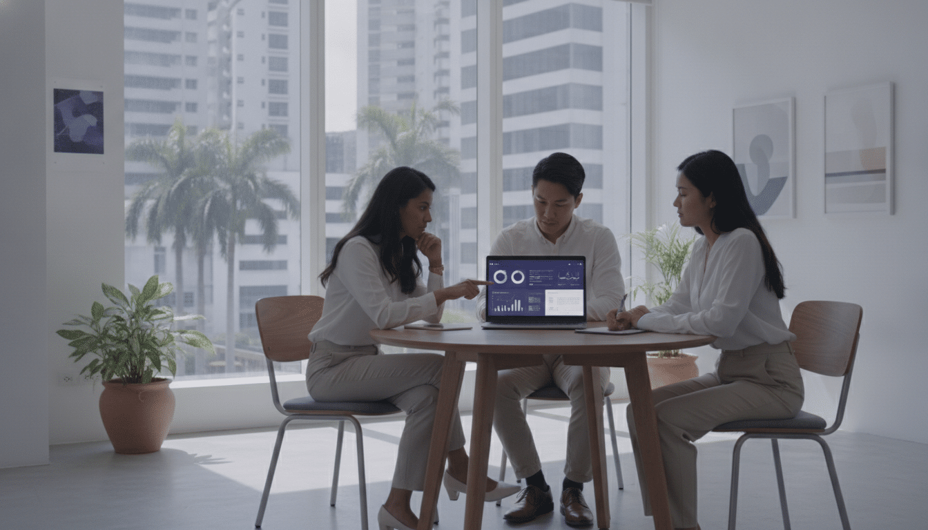 HR team reviewing an HR dashboard in a Singapore office