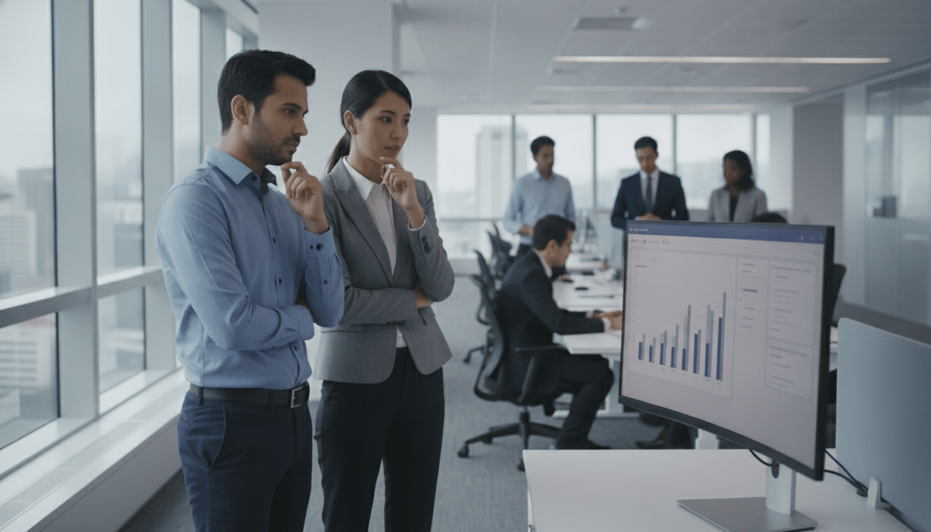 IT engineer and HR manager reviewing a system dashboard in Singapore