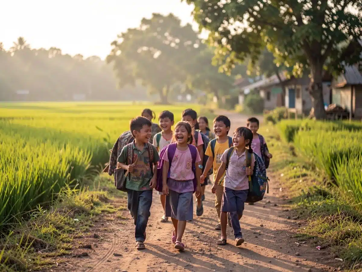 A group of laughing children with school bags walking along a village road to school in the morning