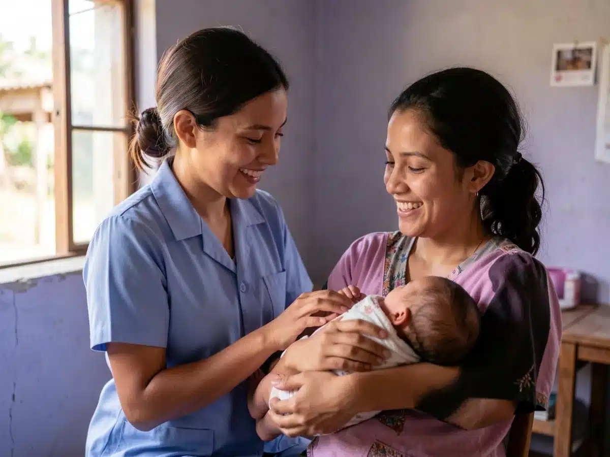 A community health nurse smiling as she checks a newborn baby held by the mother in a rural clinic