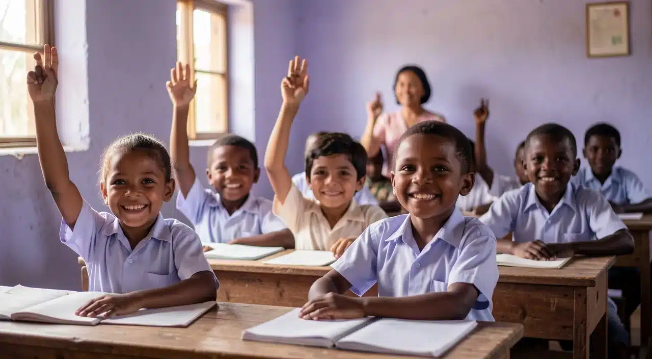 Smiling primary school children raising their hands in a bright rural classroom