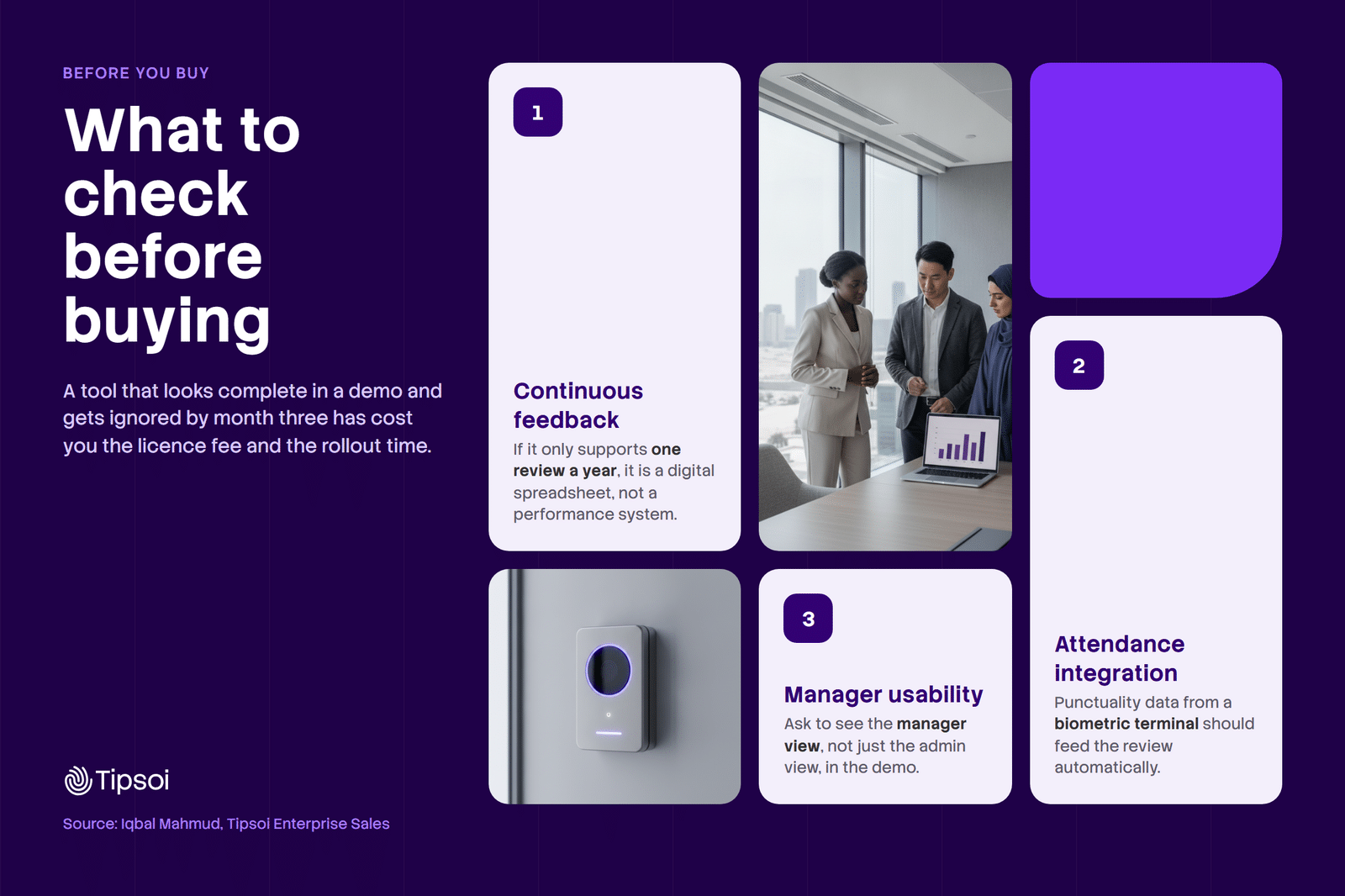 Performance management systems buying checklist Checklist of what to check before buying performance management systems: continuous feedback, attendance integration, manager usability