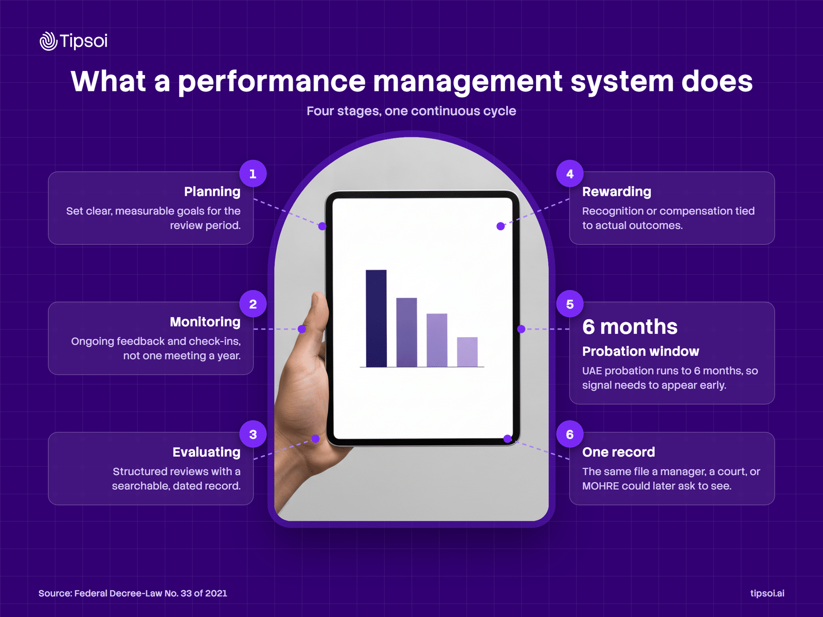 What performance management systems do The four stages of performance management systems: planning, monitoring, evaluating and rewarding, with UAE 6-month probation window