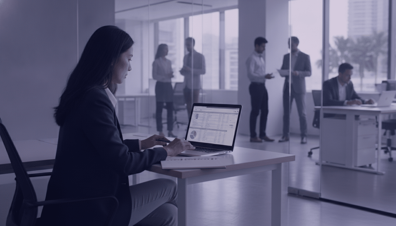 HR manager reviewing compliance records in a Singapore office