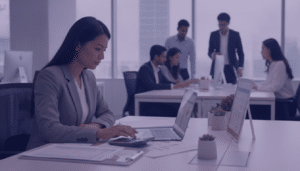 Payroll executive working on monthly salaries in a Singapore office