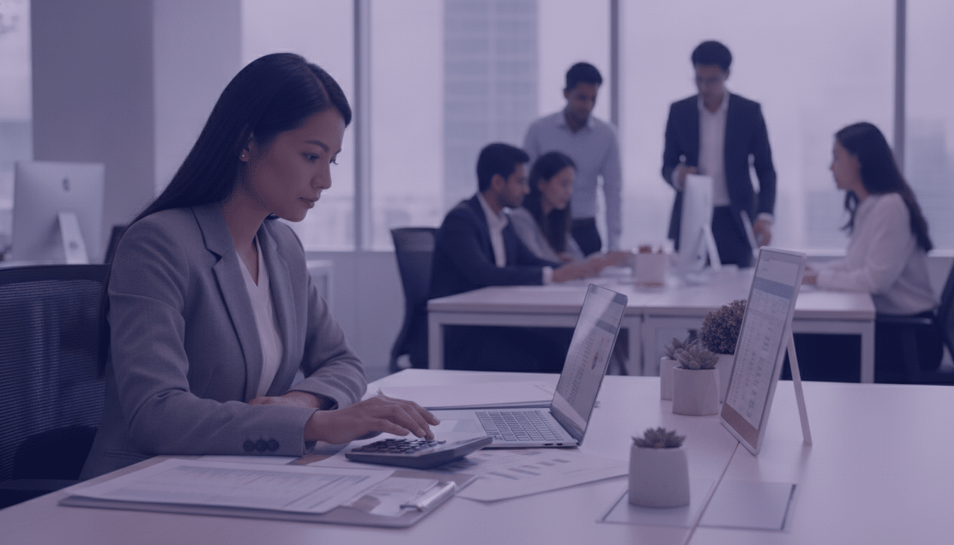 Payroll executive working on monthly salaries in a Singapore office