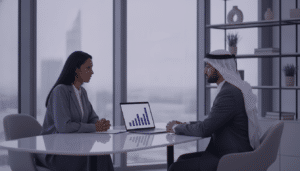 HR manager and employee reviewing a performance chart in a Dubai office, UAE performance management systems guide