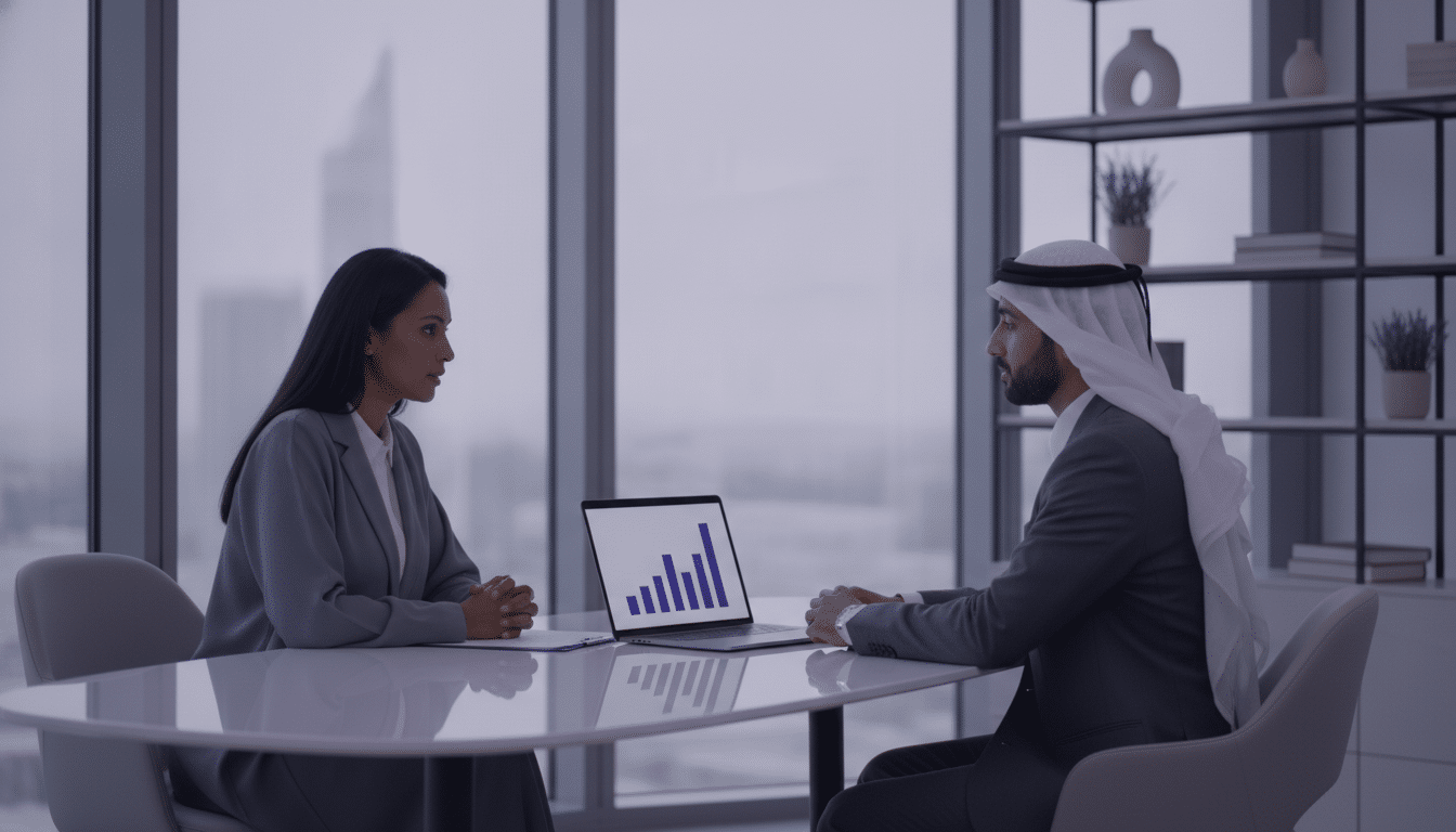 HR manager and employee reviewing a performance chart in a Dubai office, UAE performance management systems guide