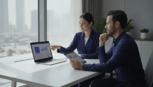 Two UAE HR managers comparing Tipsoi and Bayzat HR software options in a Dubai office