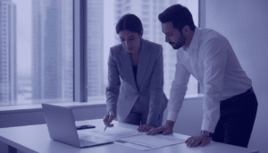 Finance director and HR manager reviewing a monthly payroll report for WPS UAE in a Dubai office