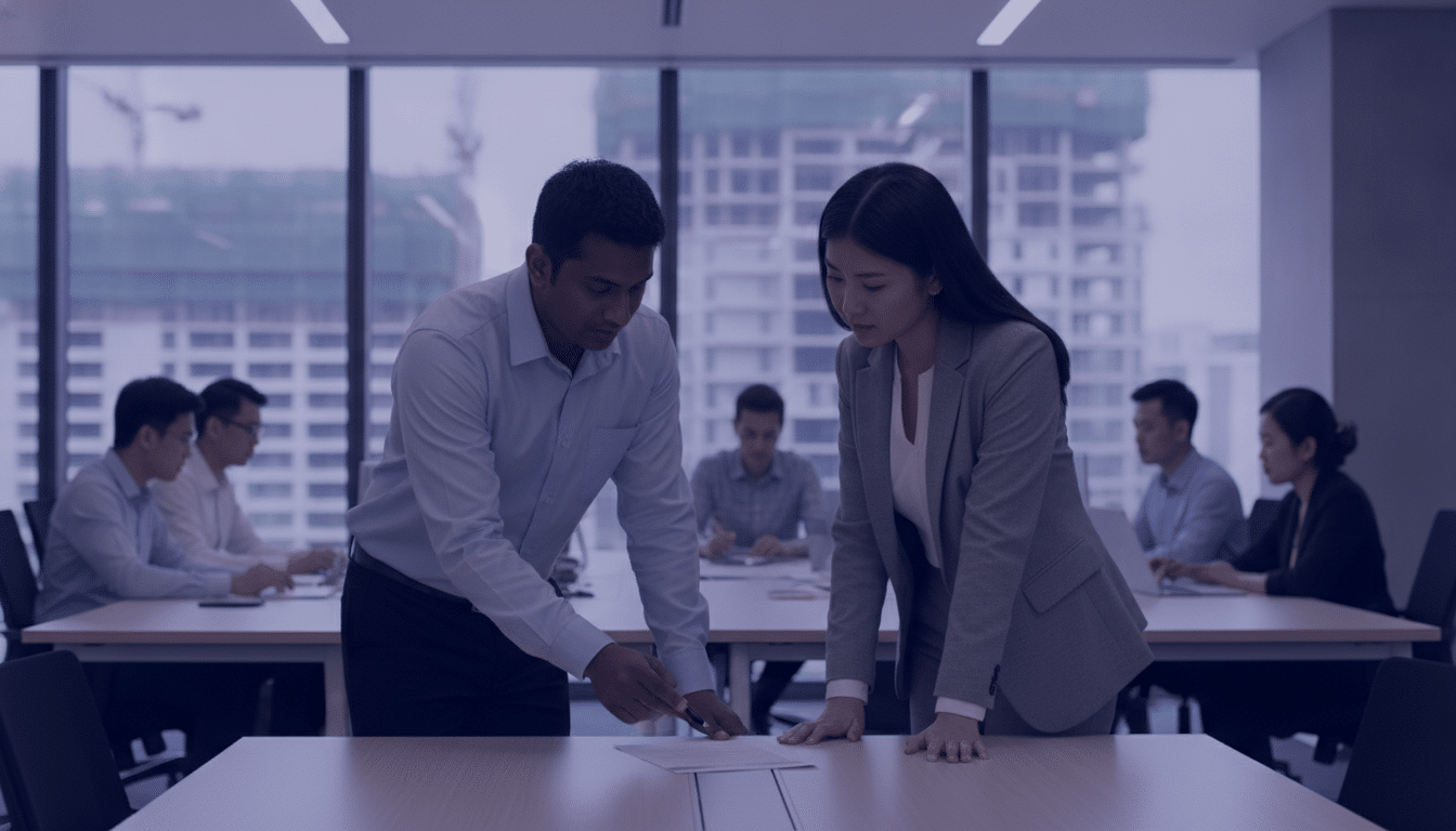 Safety officer and HR manager reviewing an incident report in Singapore