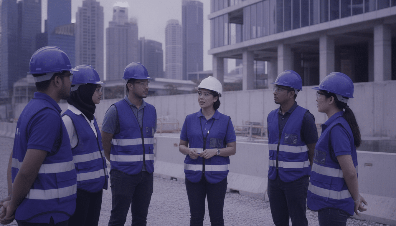 Safety officer briefing workers at a Singapore workplace