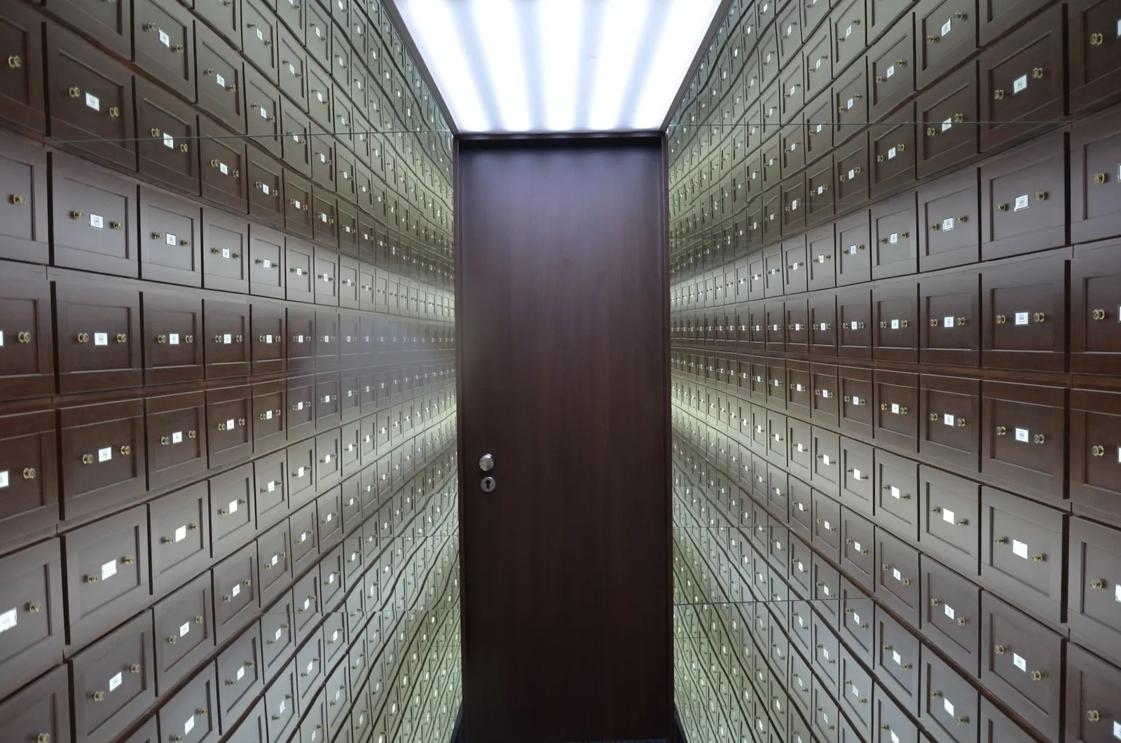 A bank vault corridor with a secured door